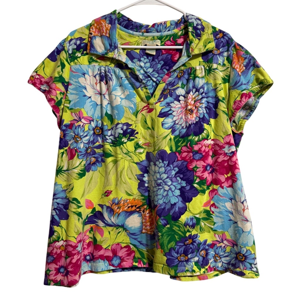 Caribbean Joe Woman 2X Floral V-Neck Top Short Sleeve Multicolor Cotton Blend